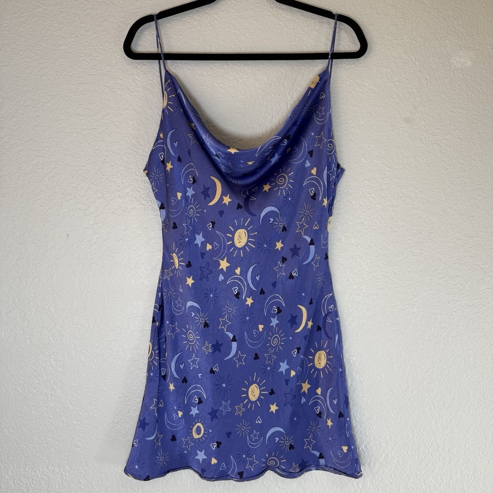 Zara Women's Sz XL Periwinkle Mini Dress Celestial Sun Moon Hearts Purple